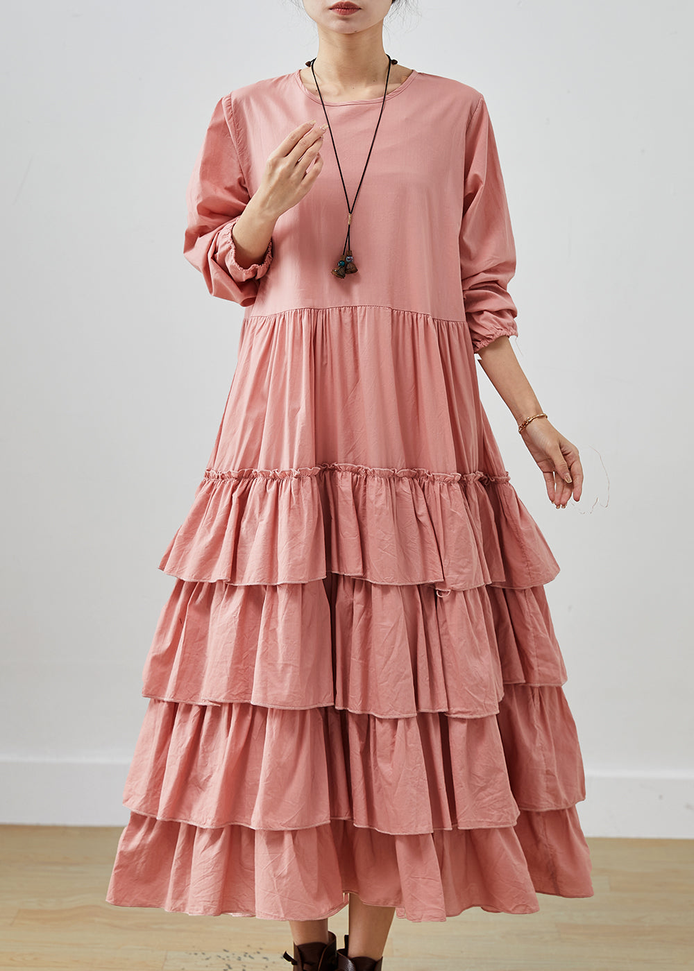 Pink Oversized Cotton Holiday Dress Layered Ruffles Spring