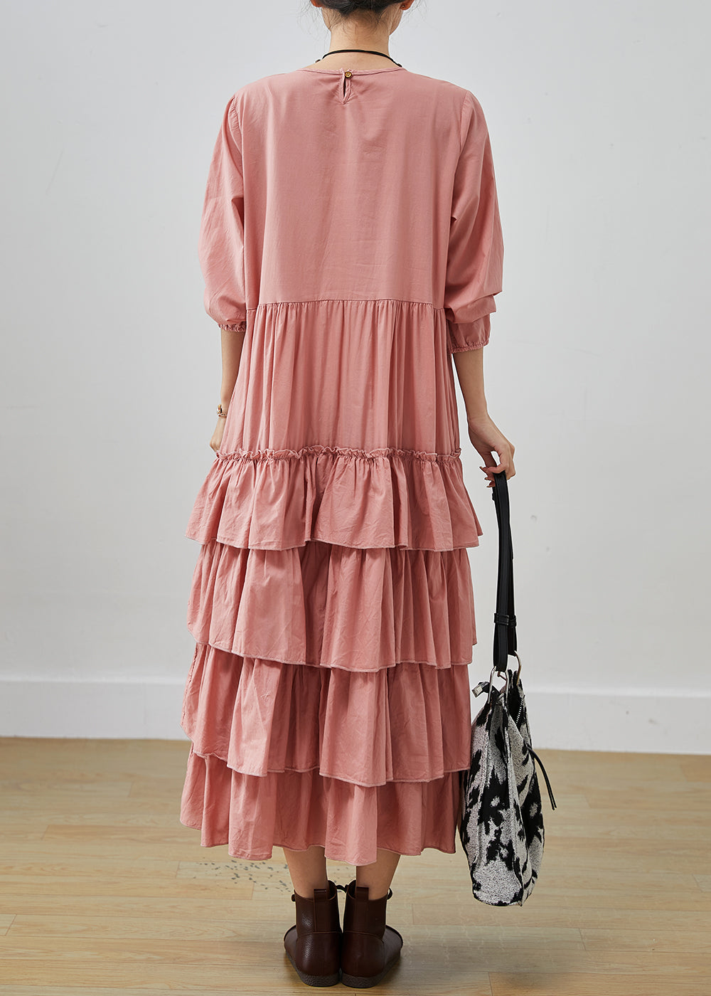 Pink Oversized Cotton Holiday Dress Layered Ruffles Spring