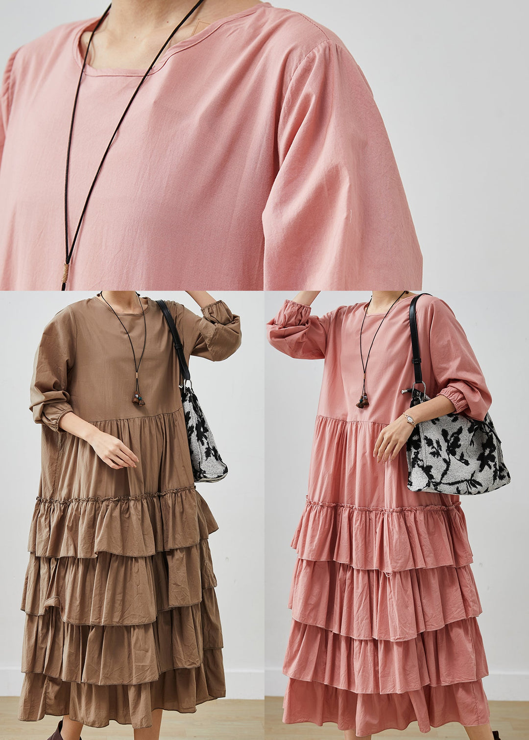 Pink Oversized Cotton Holiday Dress Layered Ruffles Spring