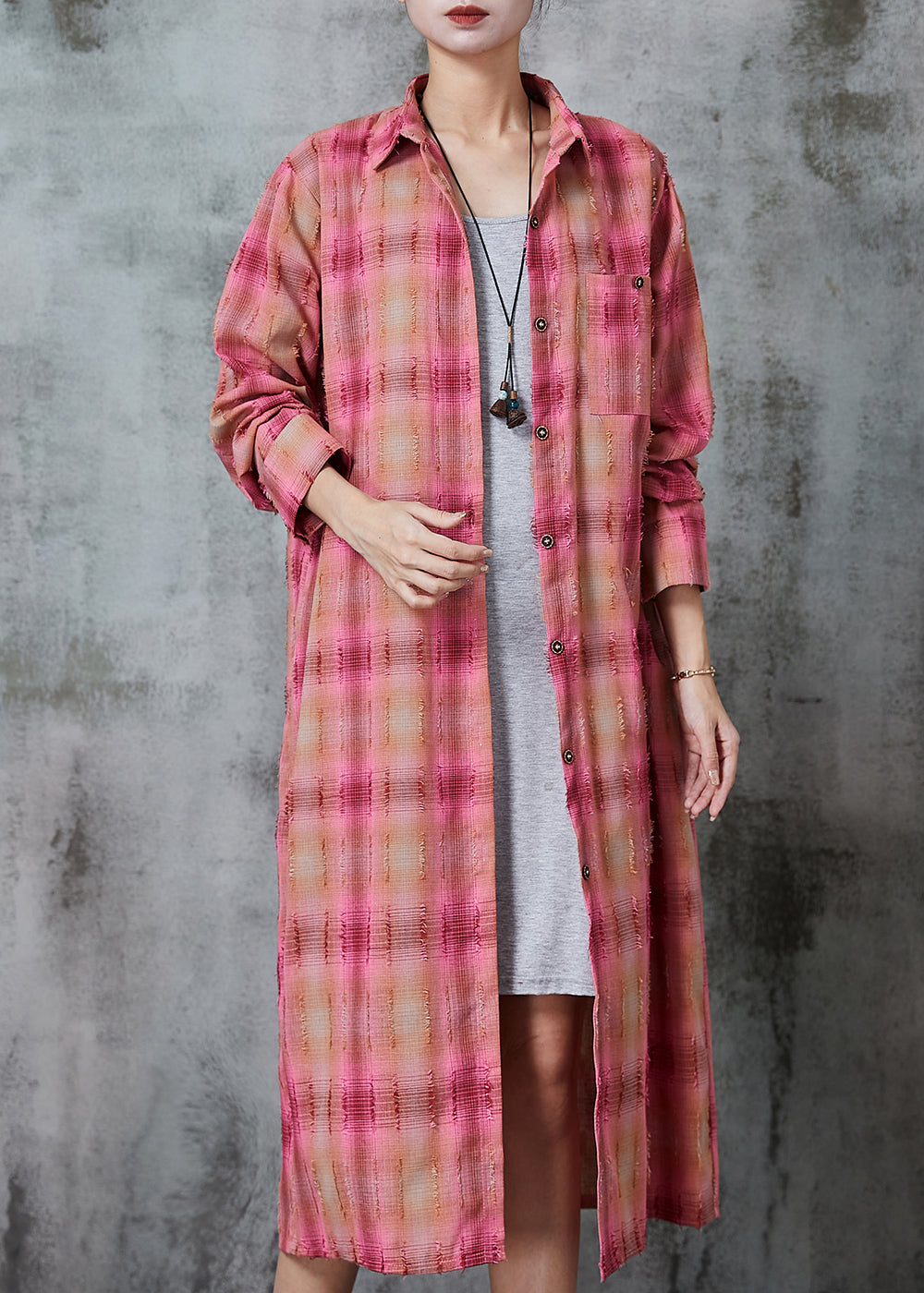 Pink Plaid Cotton Long Shirt Oversized Spring