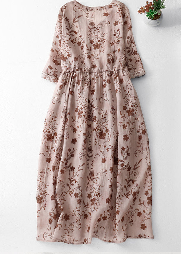 Pink Print Boho Cotton Long Dress V Neck Drawstring Summer