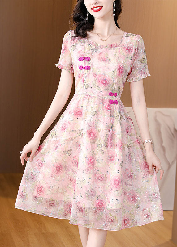 Pink Print Chiffon Dress Ruffled Tasseled Summer