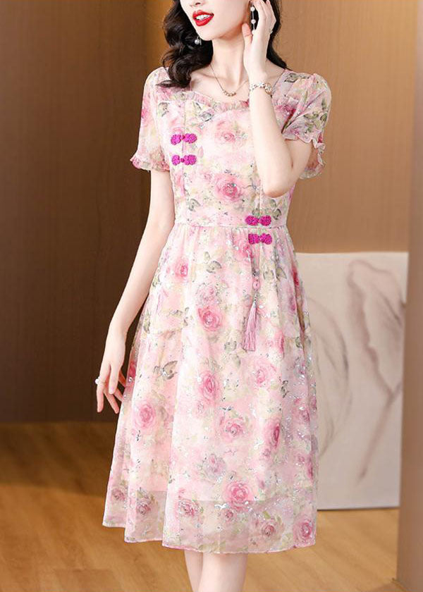 Pink Print Chiffon Dress Ruffled Tasseled Summer