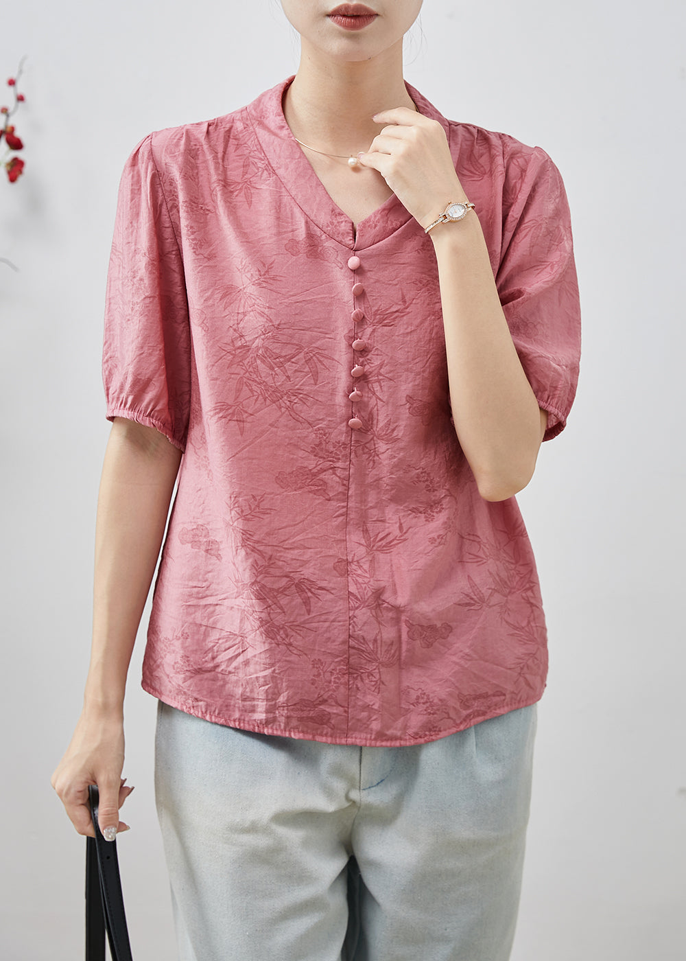 Pink Print Cotton Shirt Top V Neck Summer