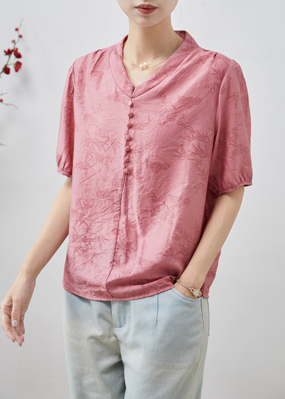 Pink Print Cotton Shirt Top V Neck Summer