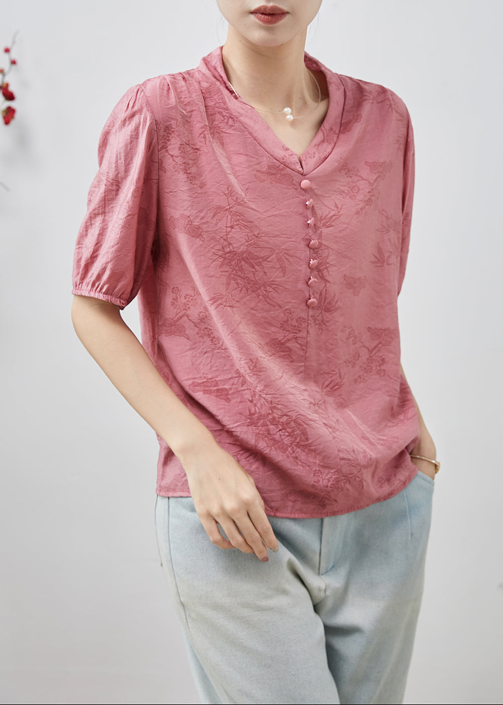 Pink Print Cotton Shirt Top V Neck Summer