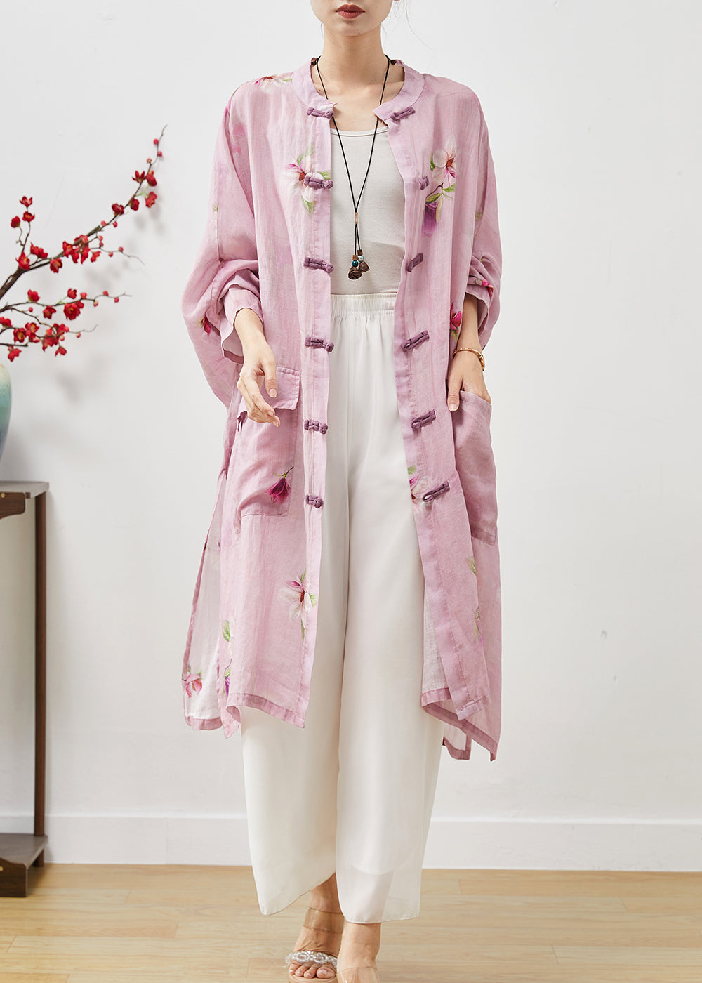 Pink Print Linen Shirt Dress Oversized Chinese Button Summer