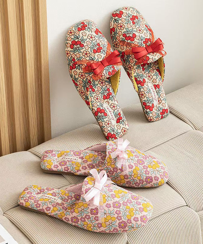 Pink Print Slippers Shoes Cotton Fabric Comfy Splicing