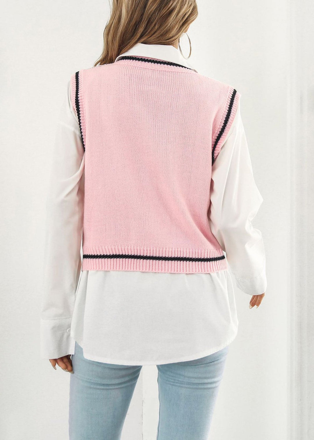 Pink Skull Cozy Patchwork Knit Vest V Neck Fall