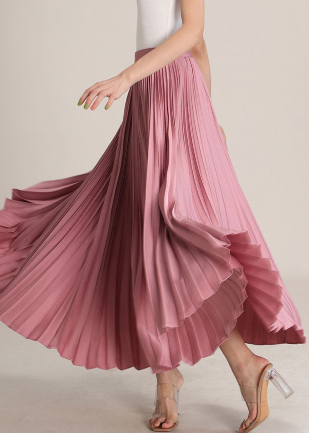 Pink Solid High Waist Silk Pleated Skirt Zippered