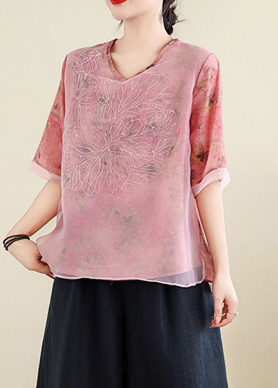 Pink V Neck Tulle Patchwork Shirts Short Sleeve