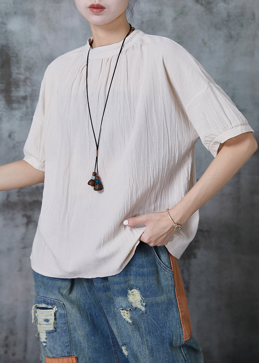 Plus Size Apricot Stand Collar Linen Tank Summer