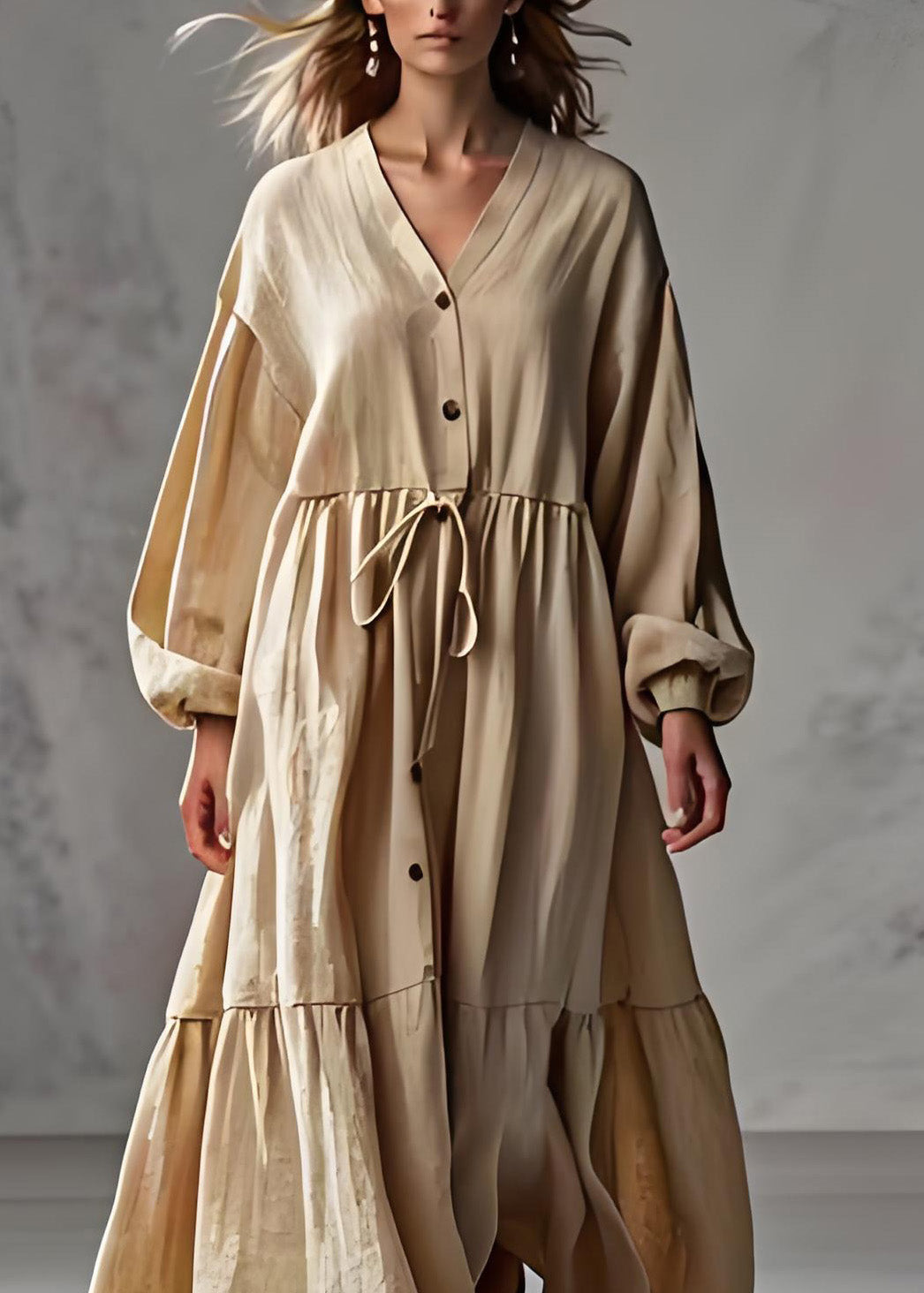 Plus Size Apricot V Neck Wrinkled Patchwork Cotton Long Dress Lantern Sleeve