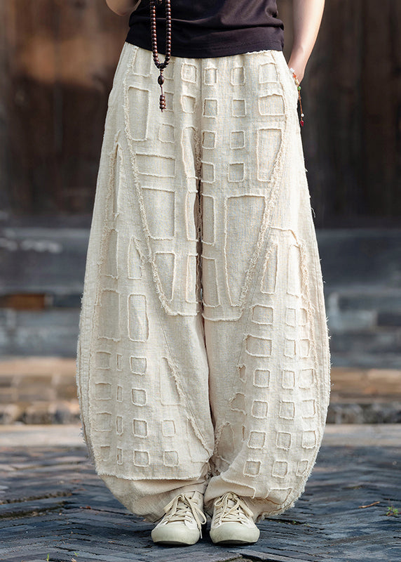 Plus Size Beige Pockets Patchwork Linen Lantern Pants Fall