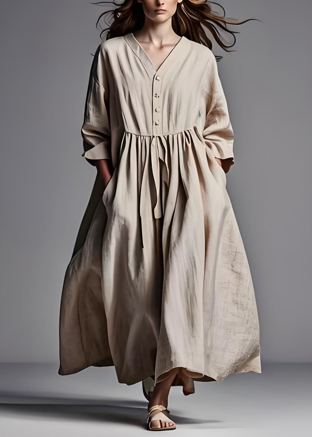 Plus Size Beige V Neck Wrinkled Patchwork Cotton Dresses Long Sleeve