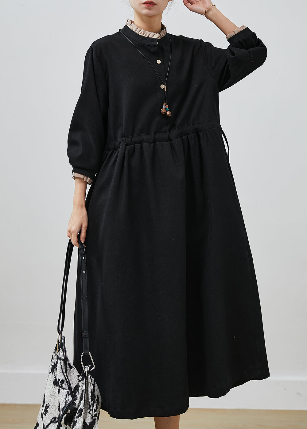 Plus Size Black Drawstring Cotton Fake Two Piece Dresses Spring