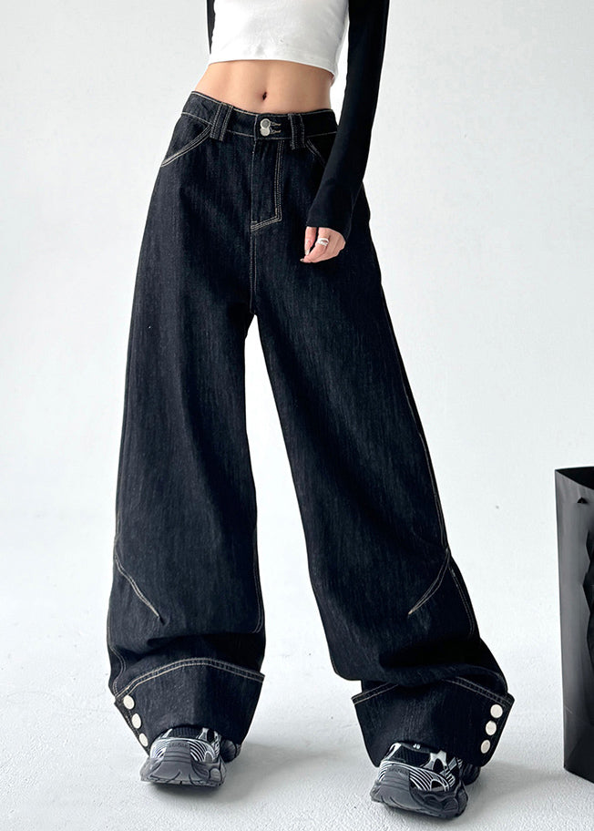 Plus Size Black High Waist Patchwork Straight Denim Pants Spring