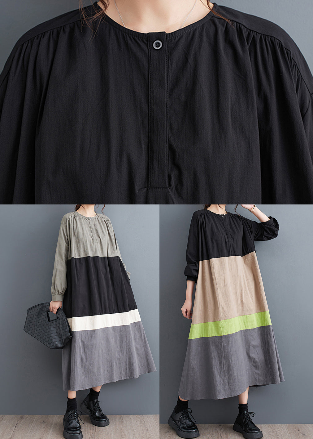 Plus Size Black O Neck Patchwork Cotton Long Dress Fall