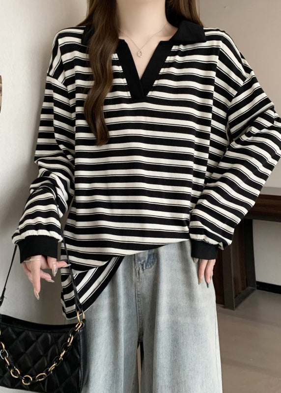 Plus Size Black Oversized Striped Cotton Blouses Fall