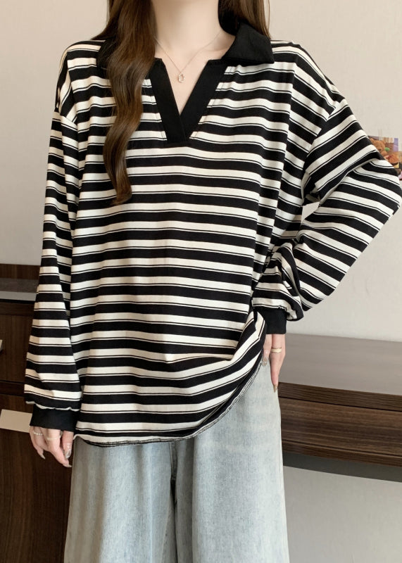 Plus Size Black Oversized Striped Cotton Blouses Fall