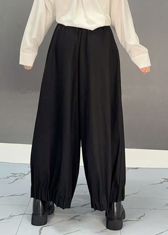 Plus Size Black Pockets Solid Wide Leg Pants Spring