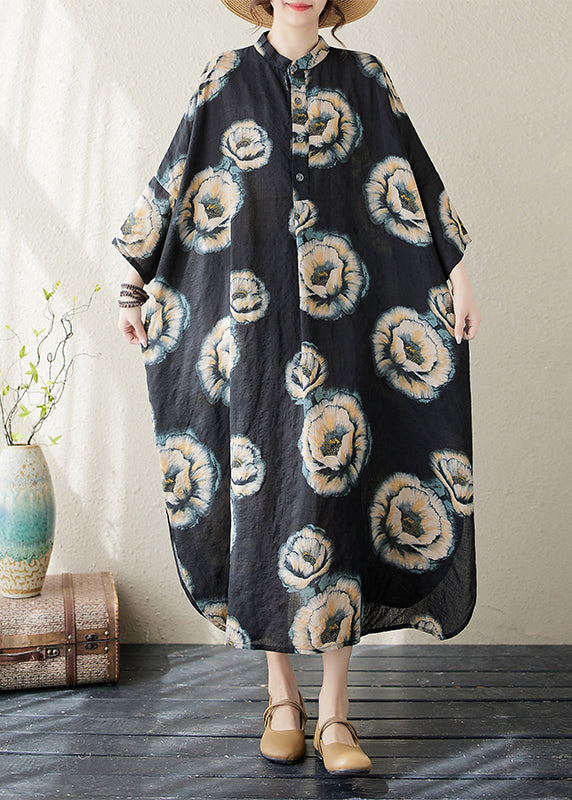 Plus Size Black Stand Collar Print Long Dress Long Sleeve