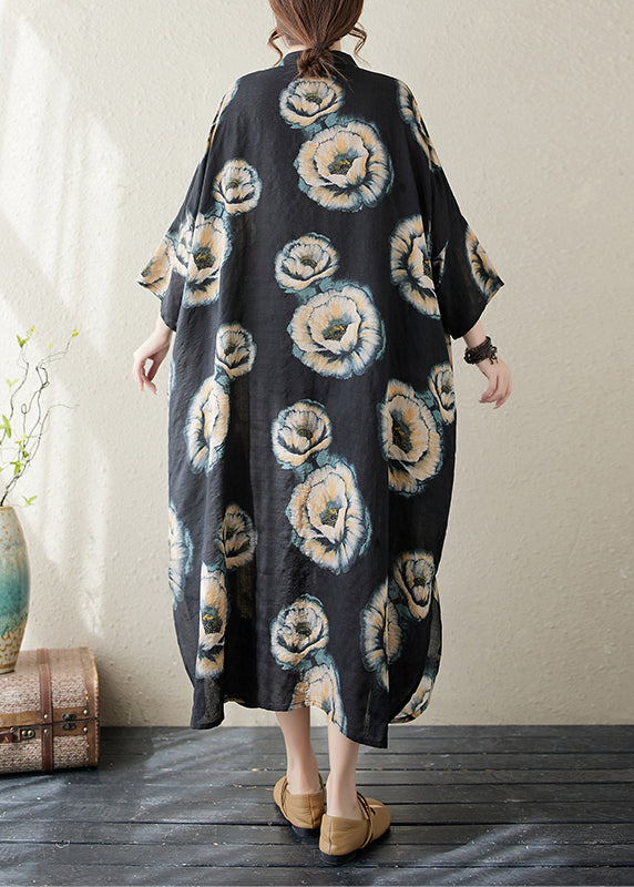 Plus Size Black Stand Collar Print Long Dress Long Sleeve