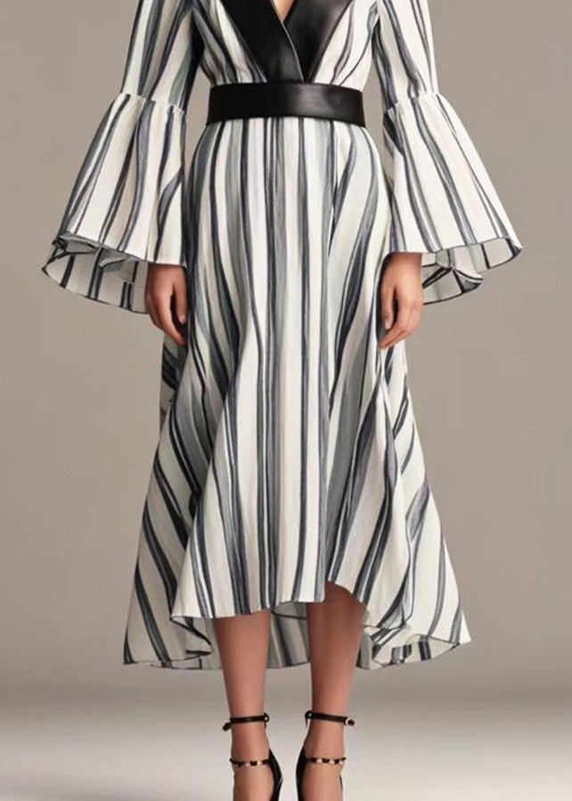 Plus Size Black Striped Patchwork Cotton Cinched Dresses Flare Sleeve