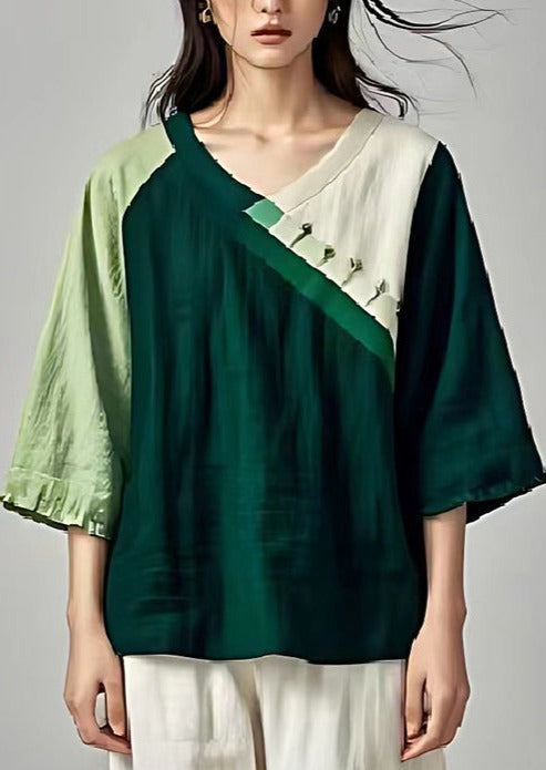 Plus Size Blackish Green Oversized Patchwork Linen Shirts Summer