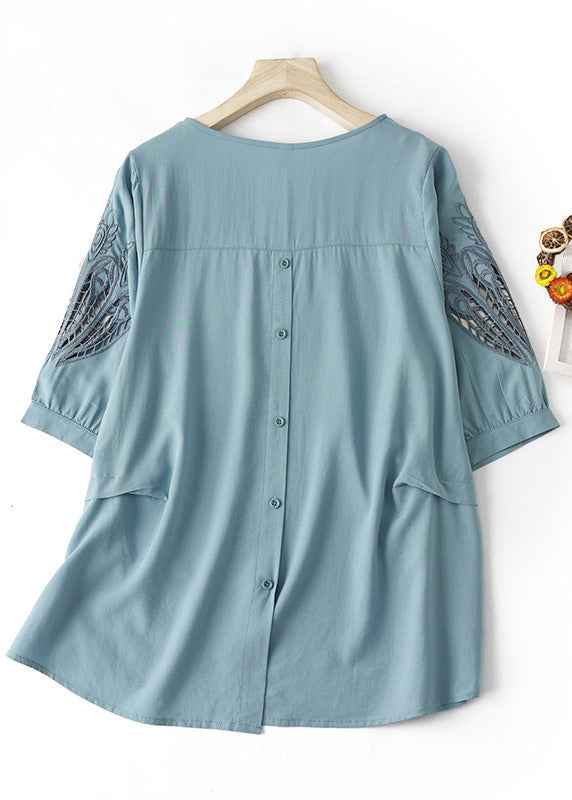 Plus Size Blue O Neck Hollow Out Embroidered Cotton T Shirt Summer