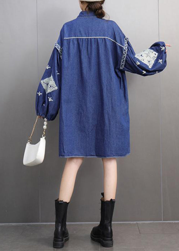 Plus Size Blue Peter Pan Collar Embroidered Denin Long Shirts Lantern Sleeve