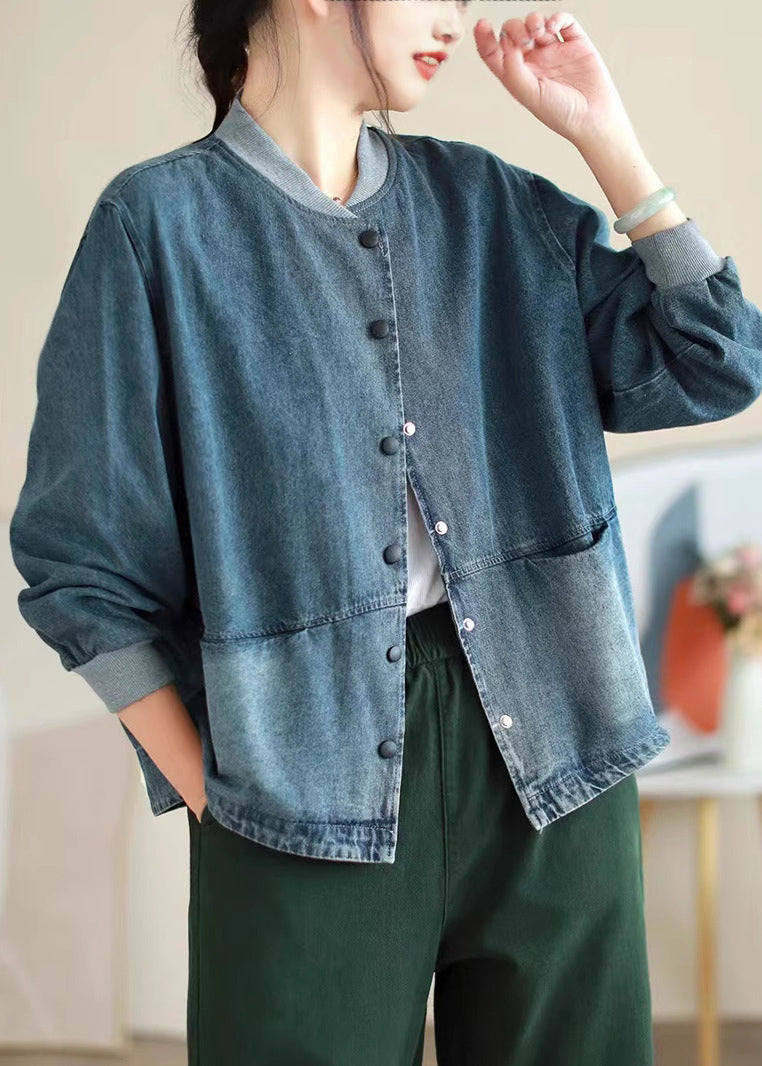 Plus Size Blue Pockets Button Denim Coat Spring