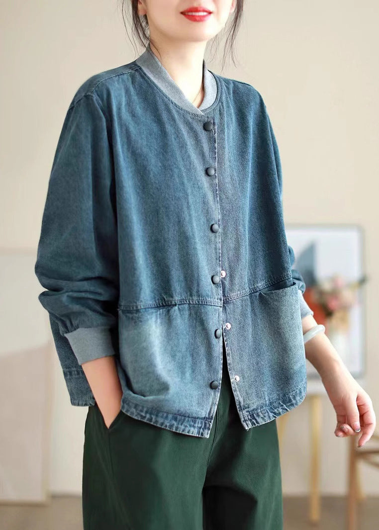 Plus Size Blue Pockets Button Denim Coat Spring