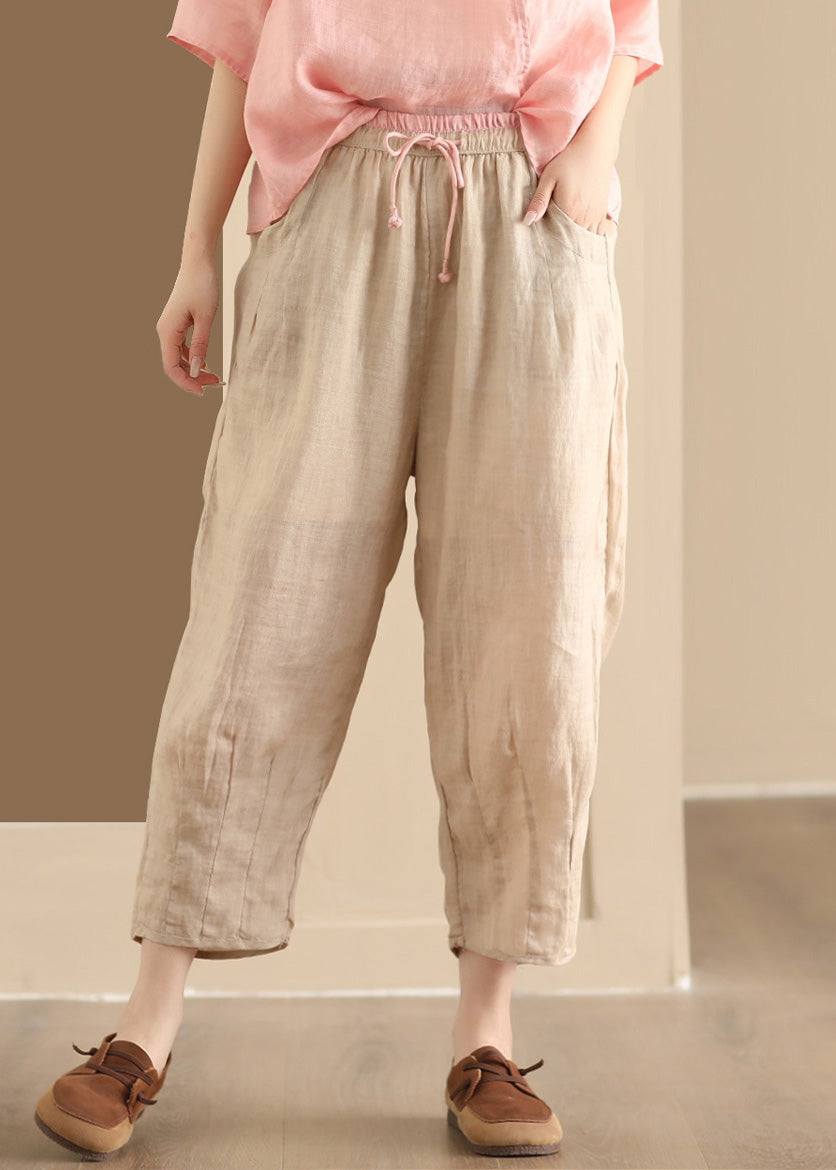 Plus Size Blue Pockets Elastic Waist Linen Harem Pants Summer