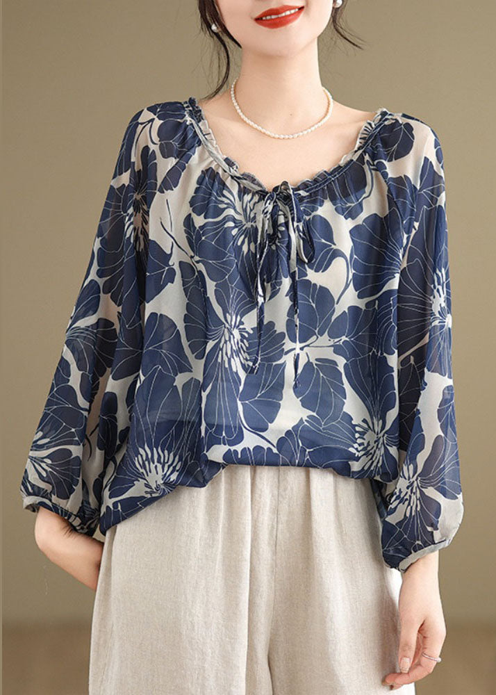 Plus Size Blue Ruffled Lace Up Print Chiffon Shirt Tops Summer