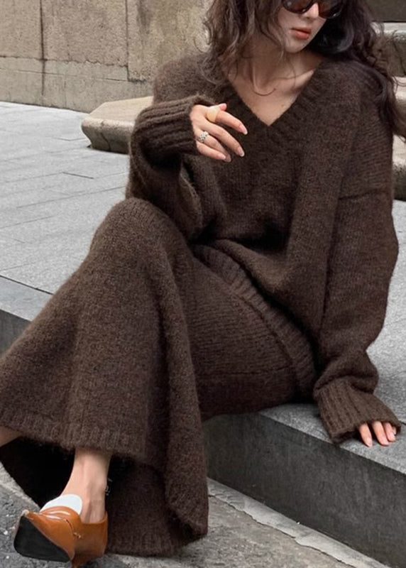 Plus Size Brown Cozy Cotton Knit Sweaters And Maxi Skirts Two Pieces Set Winter