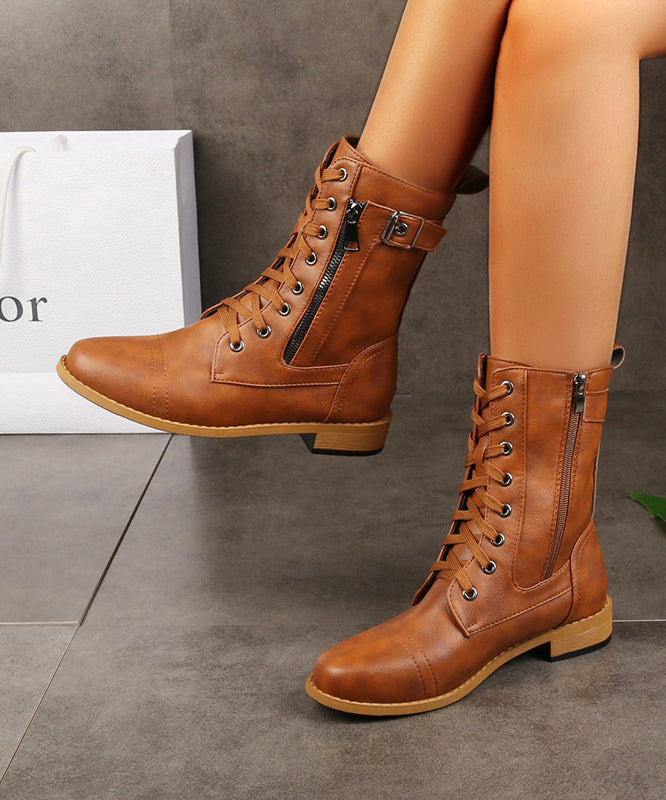 Plus Size Brown Cross Strap Zippered Splicing Chunky Boots