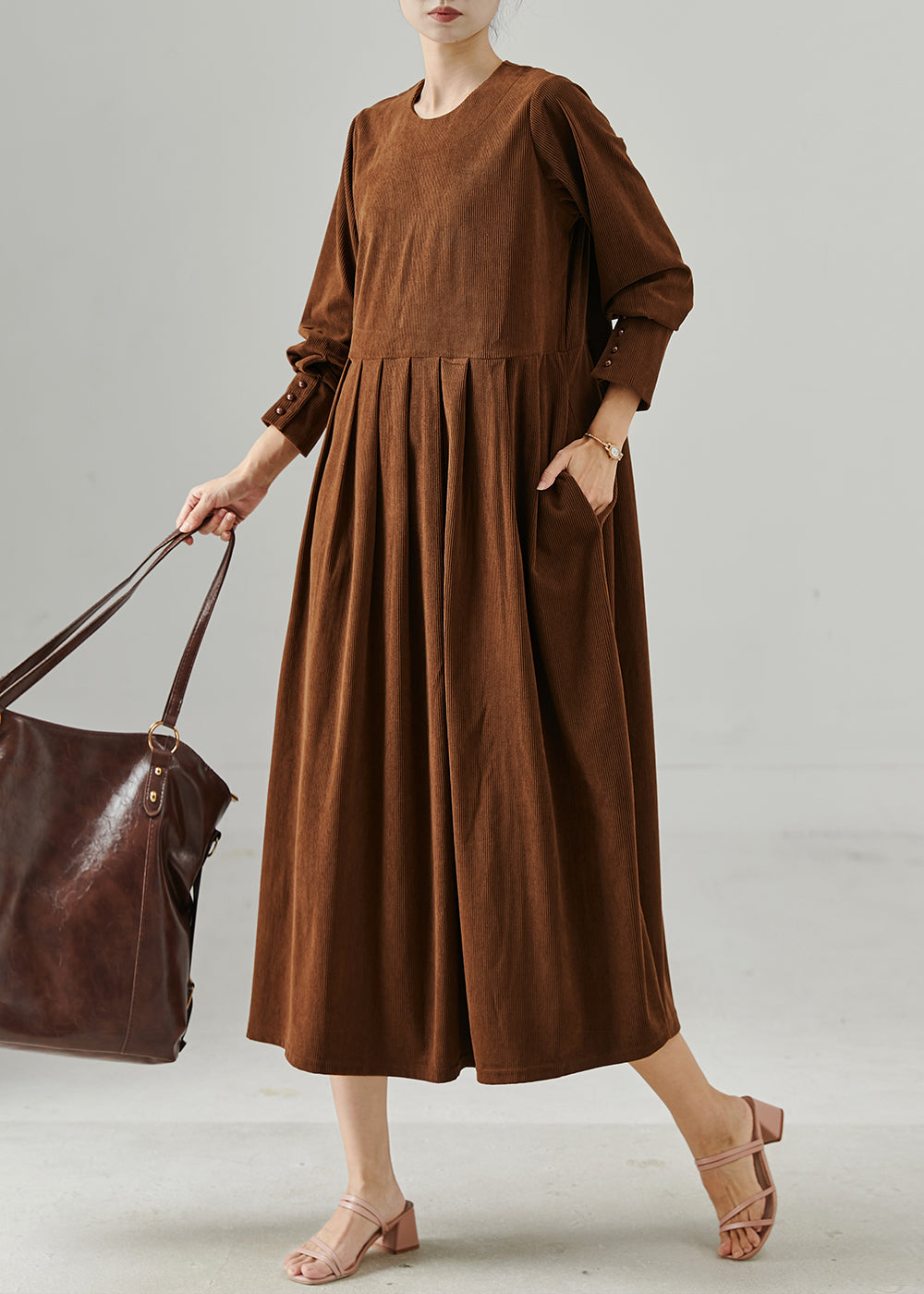 Plus Size Chocolate Oversized Corduroy Maxi Dresses Fall