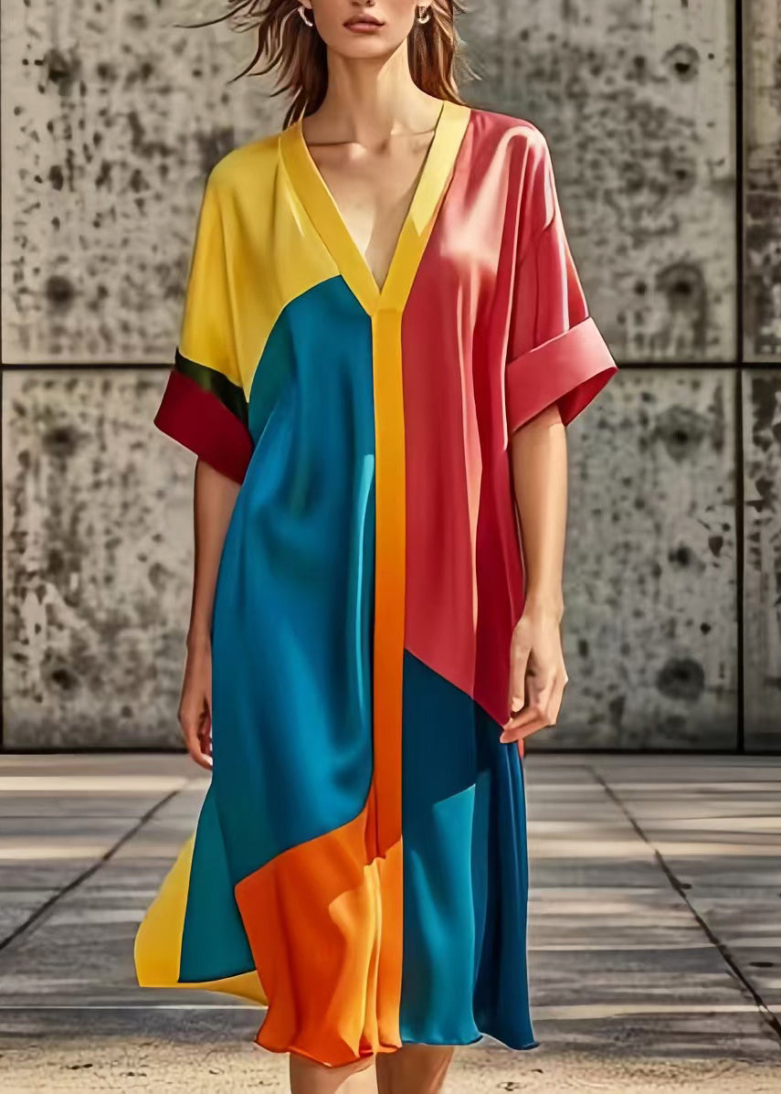 Plus Size Colorblock Oversized Patchwork Silk Dress Summer