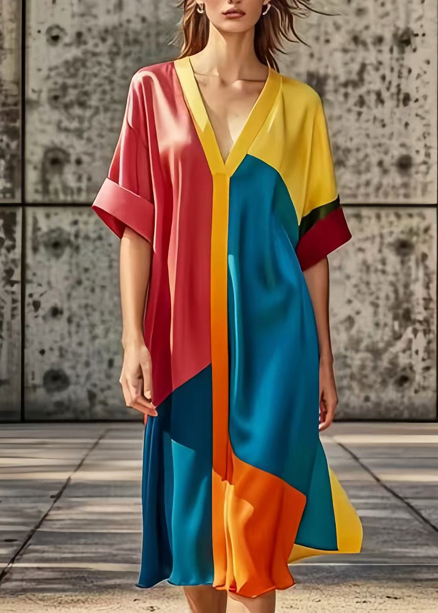 Plus Size Colorblock Oversized Patchwork Silk Dress Summer