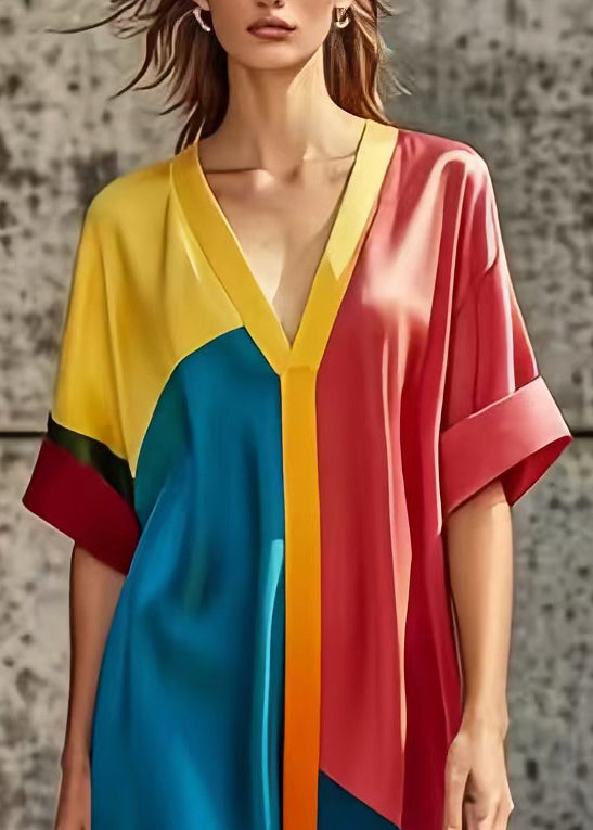 Plus Size Colorblock Oversized Patchwork Silk Dress Summer