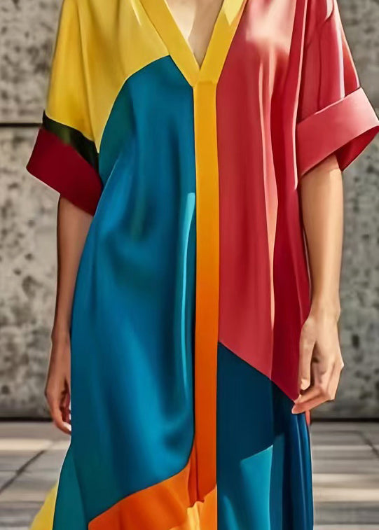 Plus Size Colorblock Oversized Patchwork Silk Dress Summer