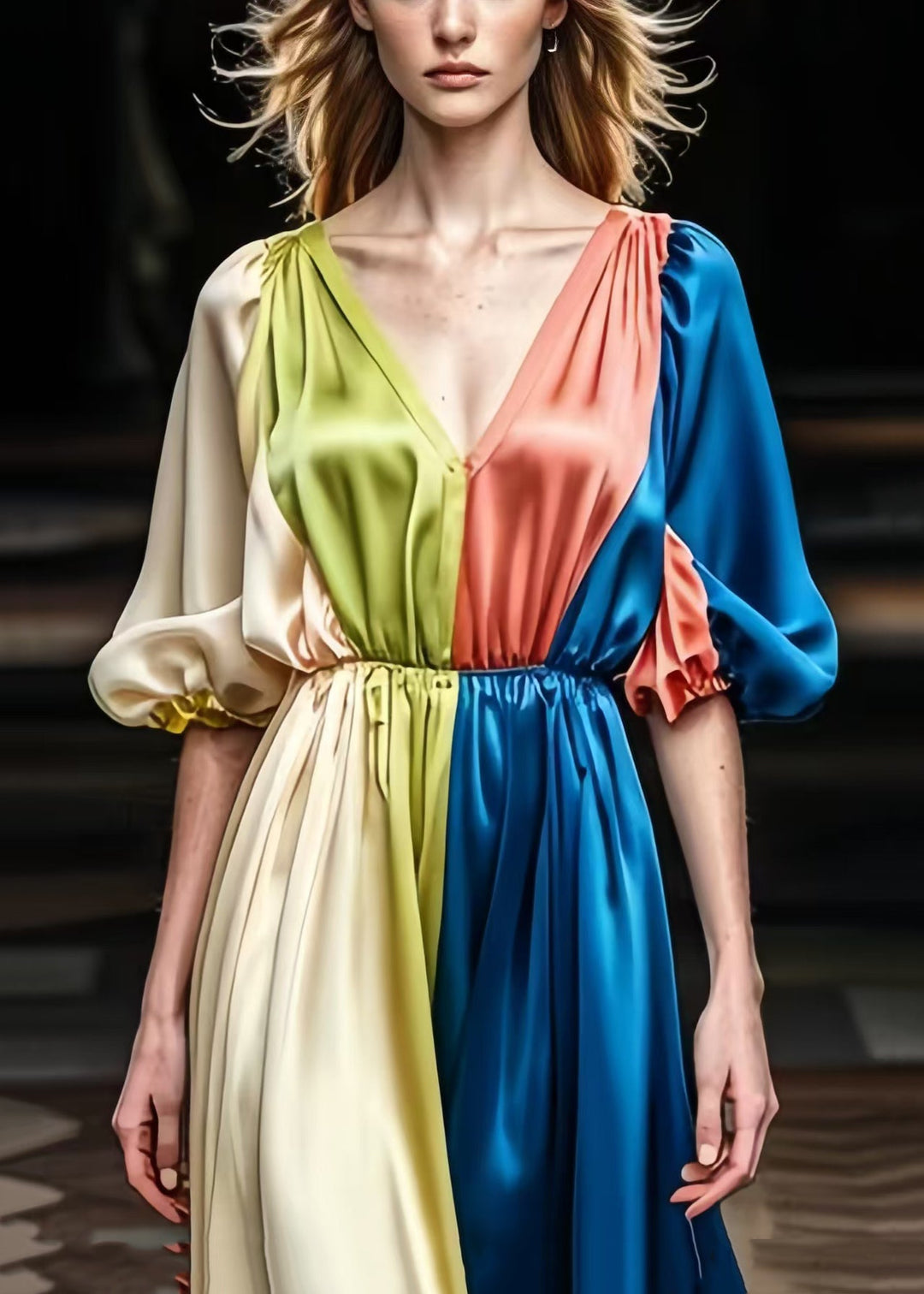 Plus Size Colorblock V Neck Patchwork Draping Silk Dress Summer