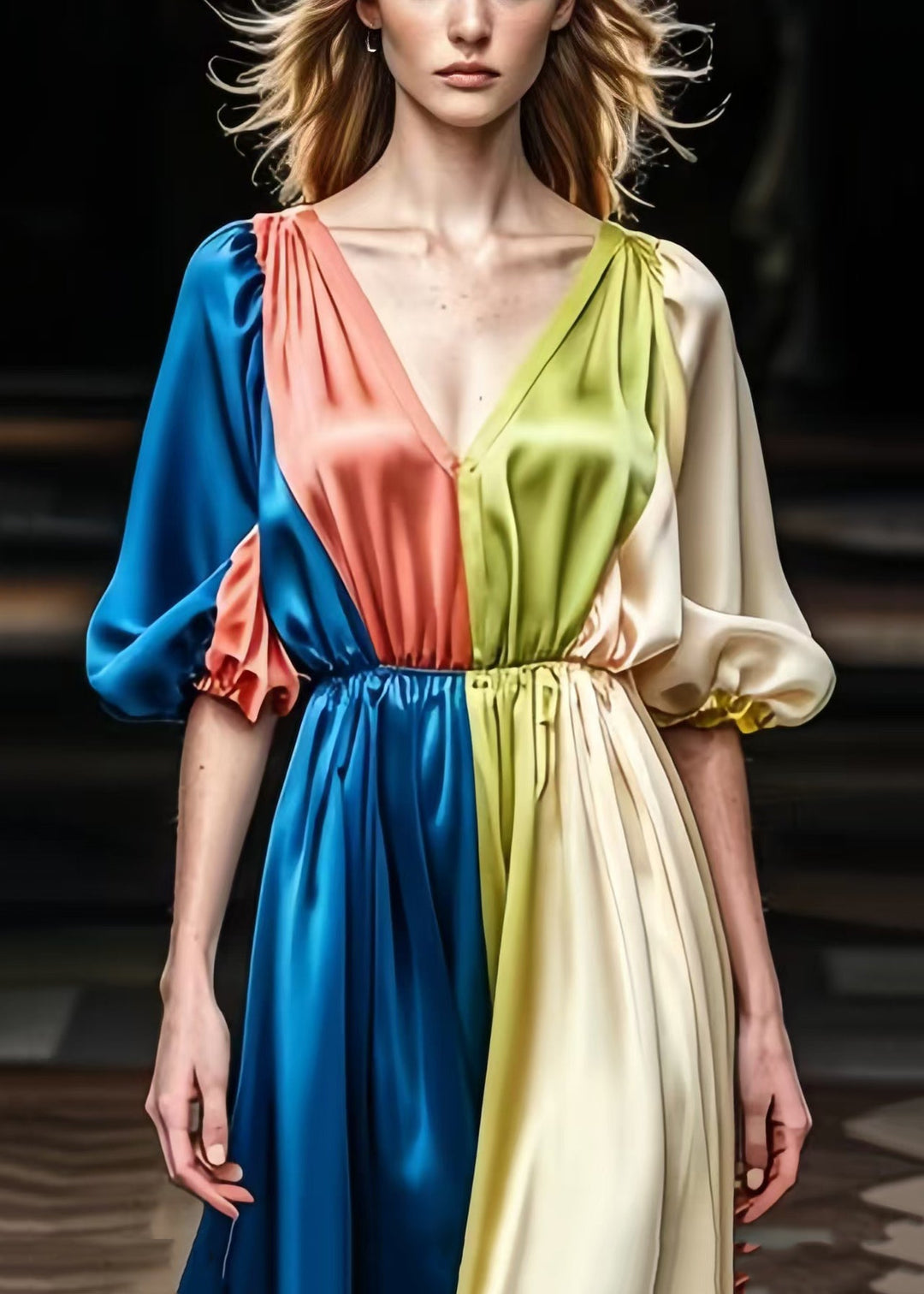 Plus Size Colorblock V Neck Patchwork Draping Silk Dress Summer