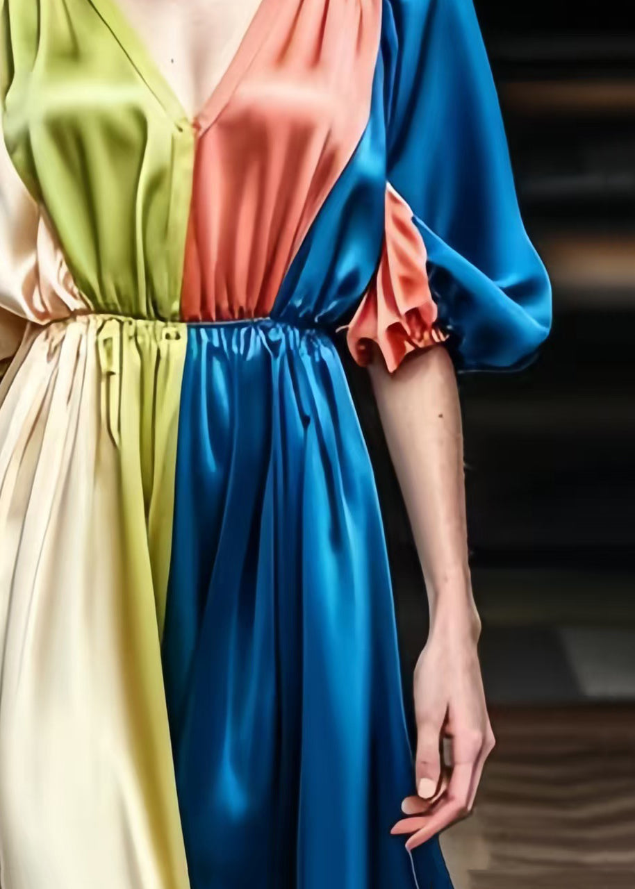 Plus Size Colorblock V Neck Patchwork Draping Silk Dress Summer