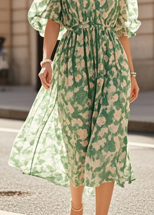 Plus Size Green Cinched Print Chiffon Robe Dresses Summer