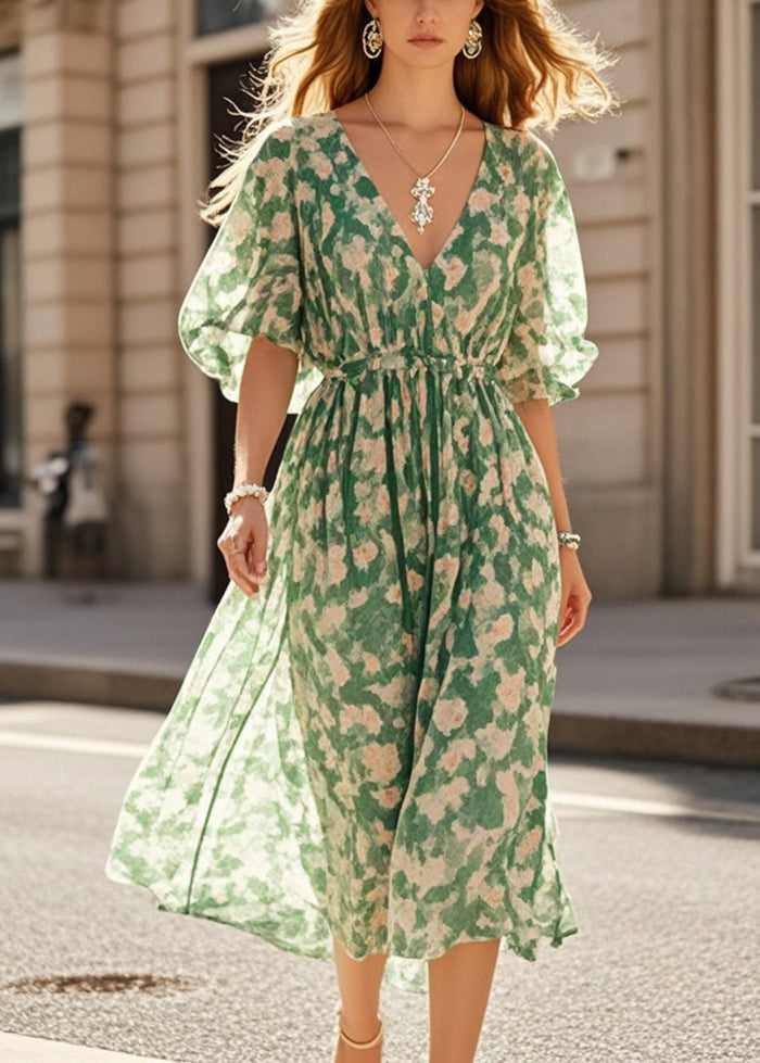 Plus Size Green Cinched Print Chiffon Robe Dresses Summer