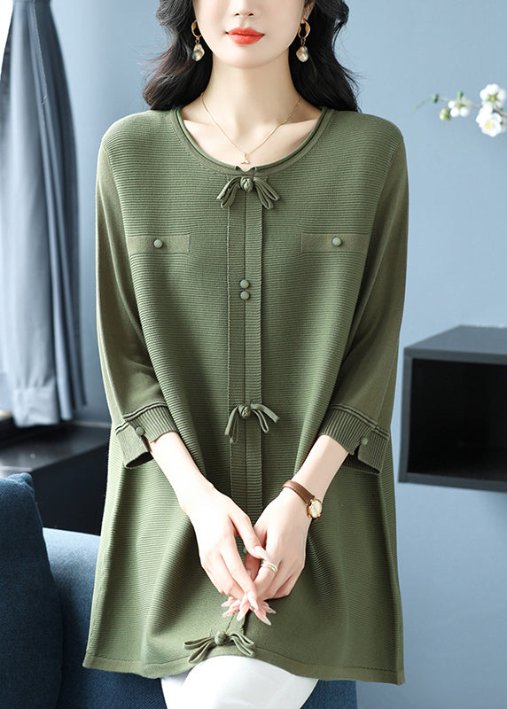 Plus Size Green O Neck Bow Patchwork Knit Top Bracelet Sleeve