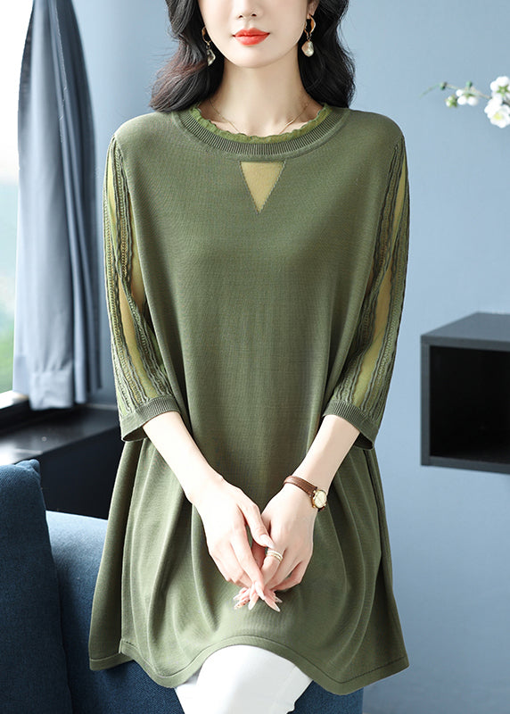 Plus Size Green O Neck Patchwork Ice Silk Knitted Tops Half Sleeve