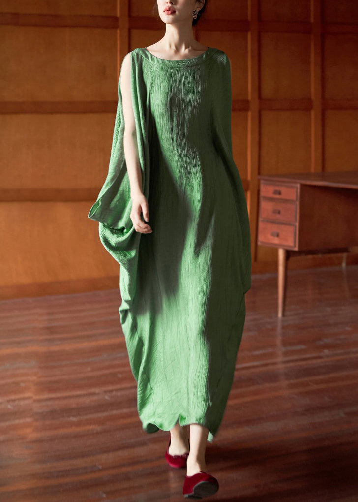 Plus Size Green O Neck Solid Cotton Long Dress Batwing Sleeve